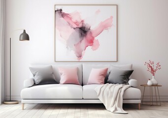 Modern Living Room: Grey Sofa with Pink Accents and Abstract Art. Generative ai