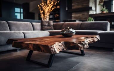 Close-up of Live Edge Coffee Table by Modern Sofa. Generative ai