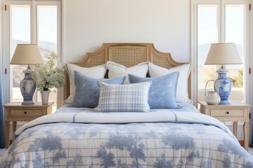 Modern Bedroom with Blue Pillows in French Country Style. Generative ai