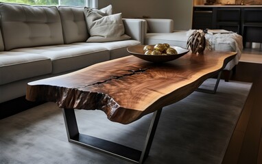 Close-up of Live Edge Coffee Table by Modern Sofa. Generative ai
