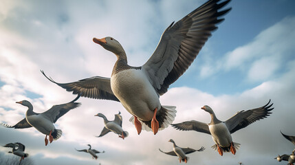 Obraz premium a group of geese flying in nature looking at the camera created with Generative Ai