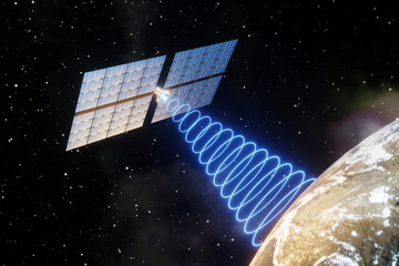 Satellite expanding its solar panels and emitting circular blue waves to the planet Earth. Illustration of the concept of space-based solar power station and space weapons © Dragon Claws