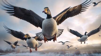 a group of geese flying in nature looking at the camera created with Generative Ai