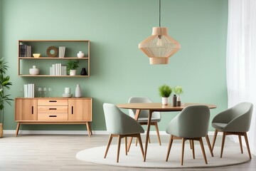 Modern Living-Dining Space: Mint Chairs, Wooden Table, and Green Wall in Scandinavian Mid-century Style. Generative ai