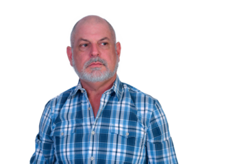 adult man white beard wearing plaid shirt expression would be isolated on white background