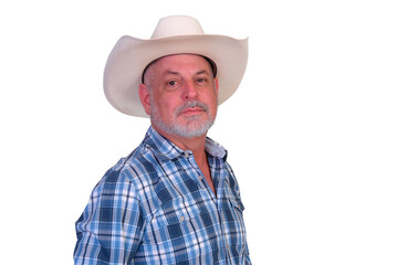 man wearing cowboy style hat straw hat with black ribbon isolated on white background, straw hat for woman and man head protection