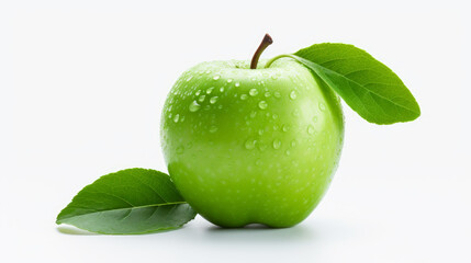 Fresh green apple with two green leaves