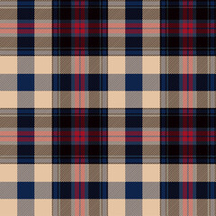 Blue, red and beige tartan plaid. Scottish pattern fabric swatch close-up. 