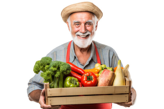 portrait of a old man farmer holding wooden box of fresh organic vegetables, isolated on transparent white background