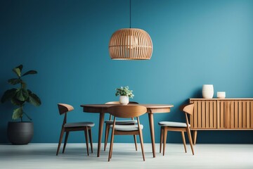 Modern Dining Room with Wooden Furniture Against Blue Wall. Generative ai