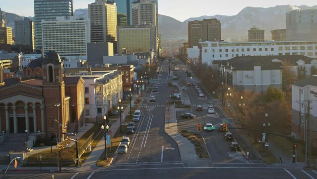 City Street At Sunrise - Drone Shot