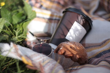 coffee, sunglasses and muffin outdoor