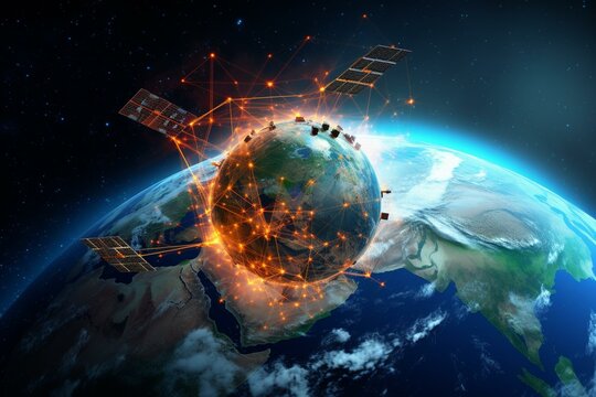 Image of earth with internet satellite, data cloud storage, global networking and social communication. Generative AI