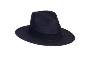 Panama hat style straw hat with black ribbon isolated on white background, straw hat for woman and man head protection