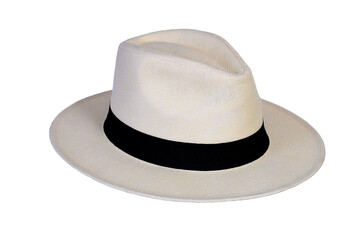 Panama hat style straw hat with black ribbon isolated on white background, straw hat for woman and man head protection
