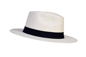 Panama hat style straw hat with black ribbon isolated on white background, straw hat for woman and man head protection