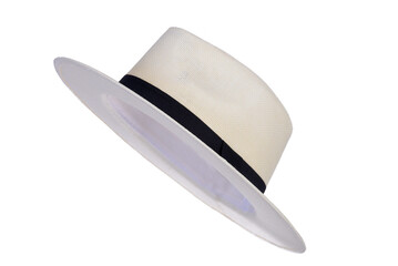 Panama hat style straw hat with black ribbon isolated on white background, straw hat for woman and man head protection
