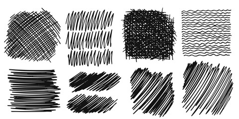 Pattern, texture, line hand drawn. Hatch drawing pen ink and crosshatch draw pencil sketch. Doodle scratch style. Black shape isolated on white background. Vintage graphic design. Vector illustration - obrazy, fototapety, plakaty