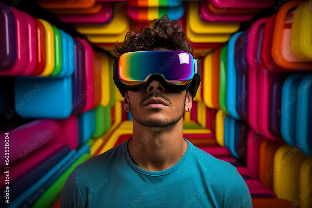 Poster man headset user wearing vr glasses watching surreal colorful fantasy world made with generative ai 