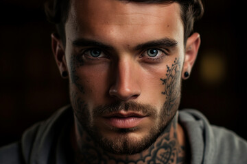 Obraz premium Generative ai close up photo of handsome man with tattoo on head face isolated on dark background