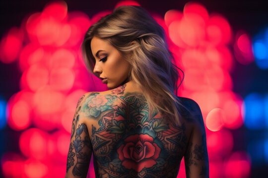 AI generated illustration picture of a young woman covered in tattoos