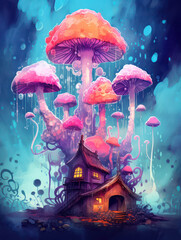 Obraz na płótnie Canvas Cartoon Magic Mushrooms, Watercolor Painting, Generative AI