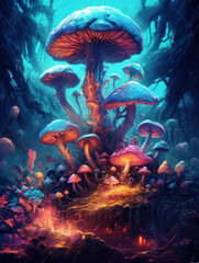 Obraz na płótnie Canvas Cartoon Magic Mushrooms, Watercolor Painting, Generative AI