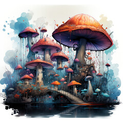 Cartoon Magic Mushrooms, Watercolor Painting, Generative AI