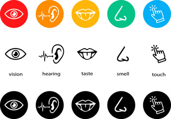 Five senses. Vector illustration containing eye, ear, lips, nose and hand. Black and white and color illustration on a white background. - obrazy, fototapety, plakaty