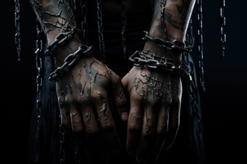 Slavery, violence against man, oppression of man's freedom, against man's will, chains, power hopelessness , social injustice, usurpation. - obrazy, fototapety, plakaty