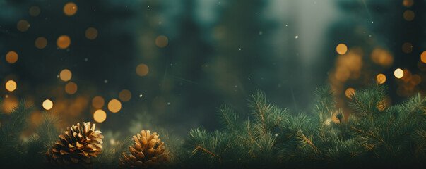 background green winter atmosphere, party with christmas tree branch and pine cone, poster, banner, template - obrazy, fototapety, plakaty