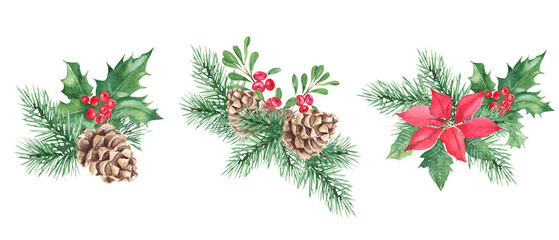 Christmas bouquet set. Pine cone and branches, Holly plant with red berries, poinsettia, cowberry, lingonberry. Symbols of the New year and Christmas. Watercolor hand painted illustration isolated on