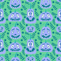 Cartoon retro vegetable harvest seamless Halloween pumpkins pattern for wrapping paper and fabrics and linens