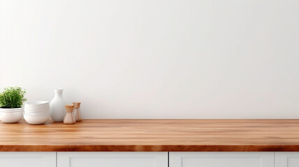 Fototapeta na wymiar modern kitchen table with white ceramic wall background