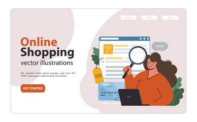 E-commerce set. Online shopping, character purchasing goods on a website