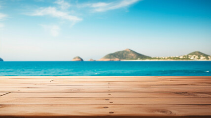 Fototapeta premium wood table top on blurred background of sea and ocean