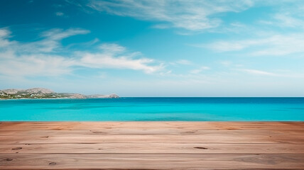 Fototapeta na wymiar wood table top on blurred background of sea and ocean