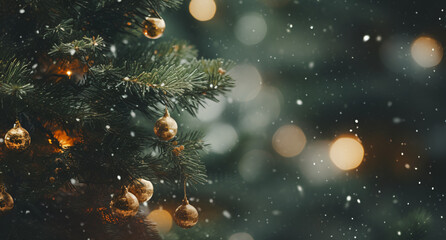 a christmas tree under the snowflakes with a bokeh effect background, christmas, winter, decoration, template, background - obrazy, fototapety, plakaty