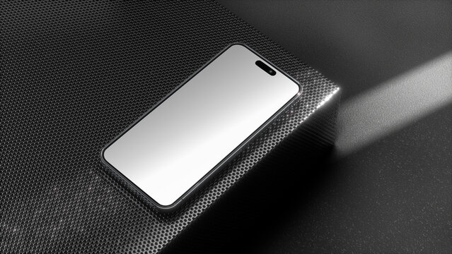 iPhone 15 Pro on dark abstract background. iOS 17. iPhone blank display. iPhone white screen