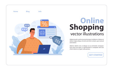 E-commerce web banner or landing page. Online shopping, male character