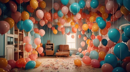 Fototapeta na wymiar birthday surprise with a room filled with balloons generative ai