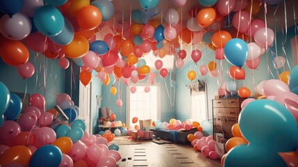 birthday surprise with a room filled with balloons generative ai - obrazy, fototapety, plakaty