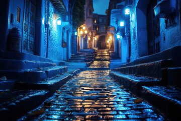 Blue alley in the medina - obrazy, fototapety, plakaty