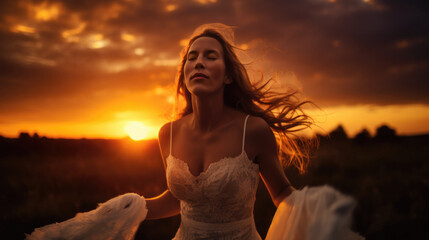Fototapeta na wymiar bride surprised by a beautiful sunset during her wedding generative ai