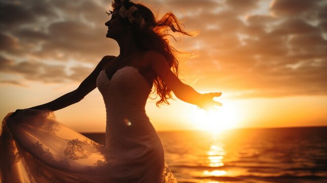 bride surprised by a beautiful sunset during her wedding generative ai