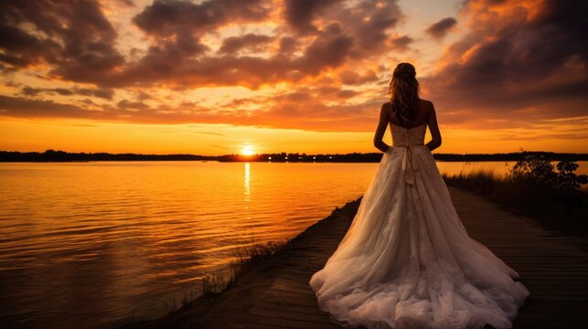 bride surprised by a beautiful sunset during her wedding generative ai