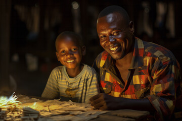 Father and son emigrant Africans are sitting at a table and doing needlework - obrazy, fototapety, plakaty