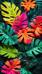 Fototapeta na wymiar Featuring A Creative Color Layout Composed Of Tropical Leaves Arranged In A Flat Lay Fashion, Set Against A Backdrop Of Neon Colors AI Generative