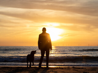 Silhouette of a black labrador retriever and her owner watching the sunset at the beach