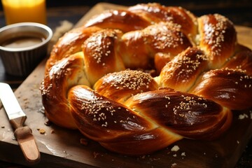 Traditional bread made by braiding dough into a flavorful challah. It is commonly associated with Jewish cuisine. Generative AI - obrazy, fototapety, plakaty